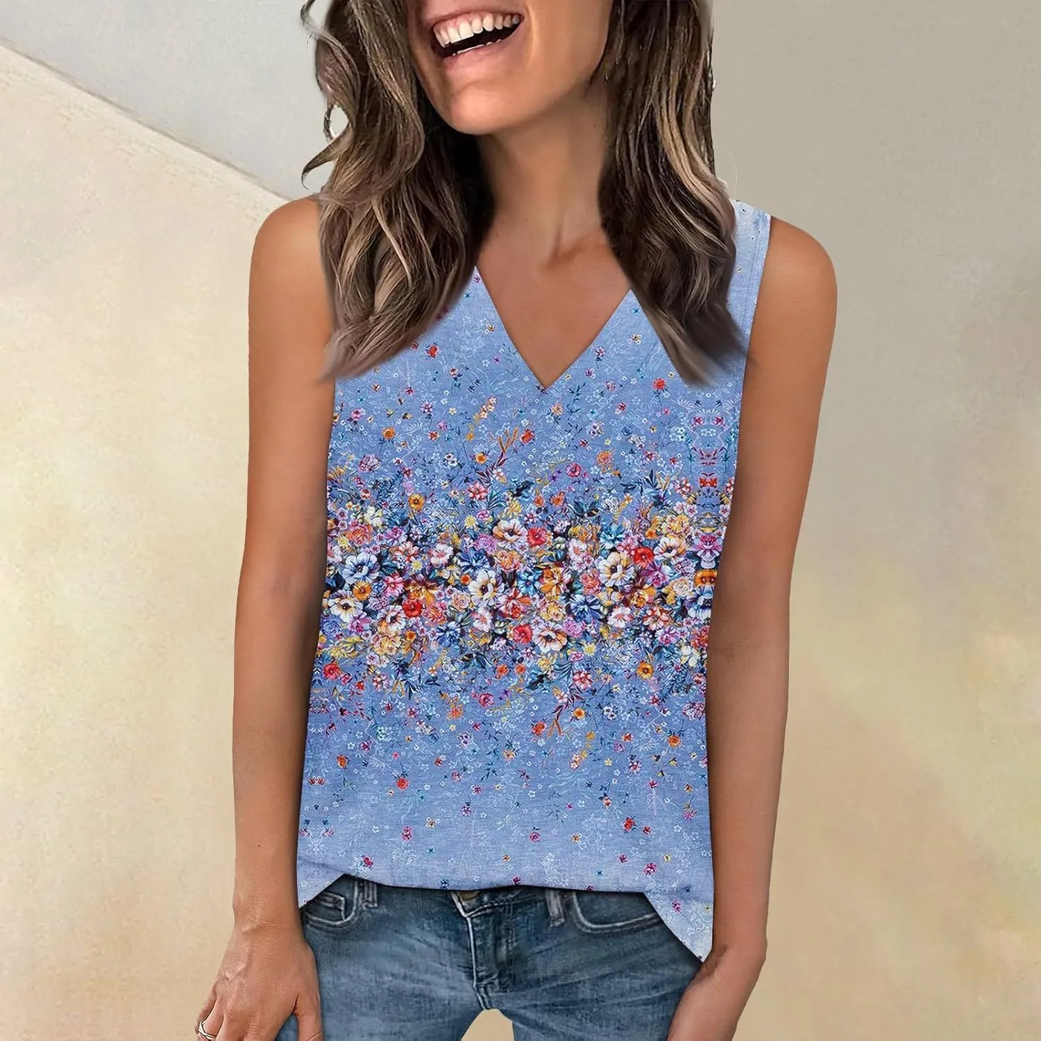 Women's Sleeveless V-Neck Floral Print Summer Top Casual Loose Fit Blouse for Everyday Wear Red Size Options
