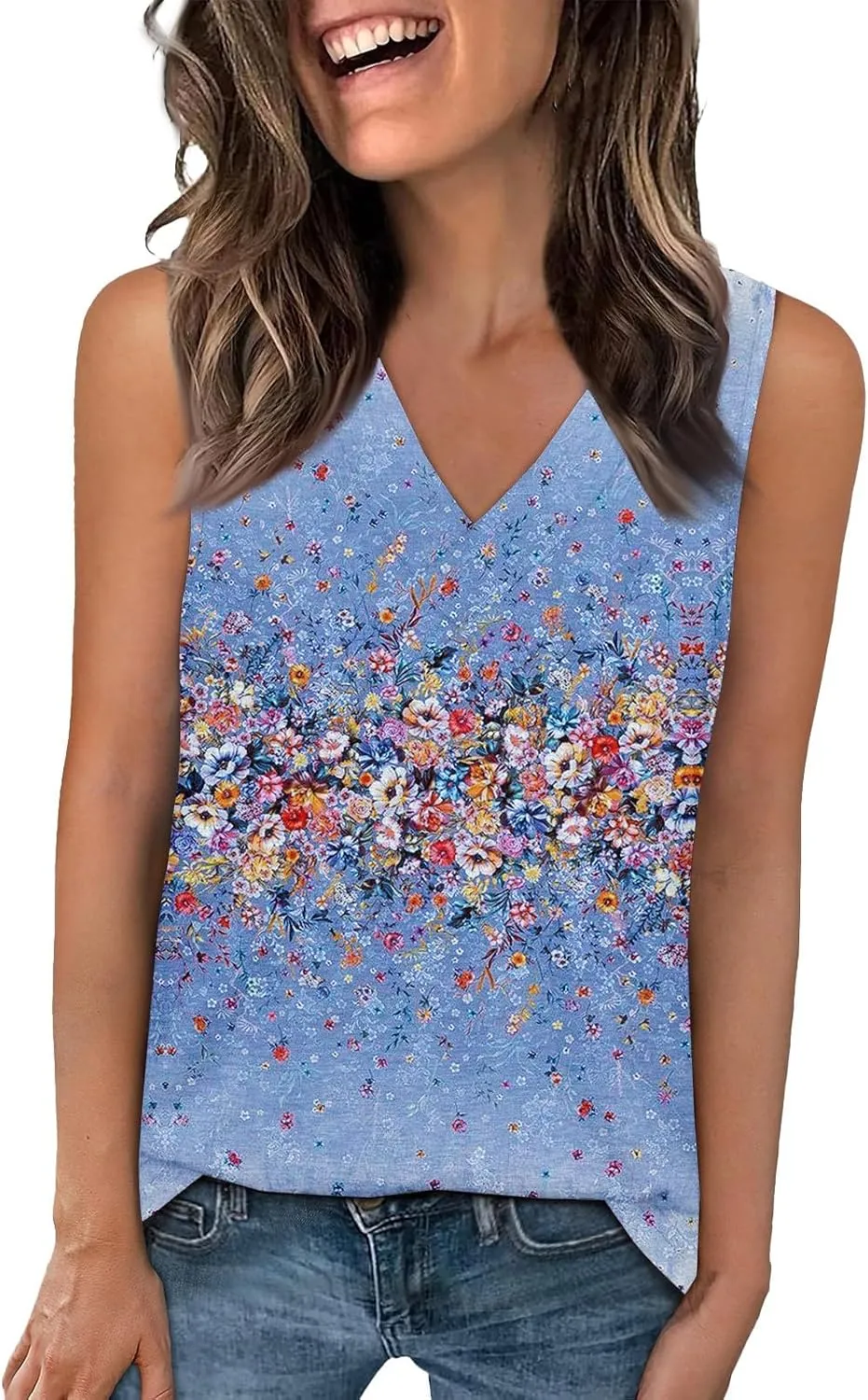 Women's Sleeveless V-Neck Floral Print Summer Top Casual Loose Fit Blouse for Everyday Wear Red Size Options
