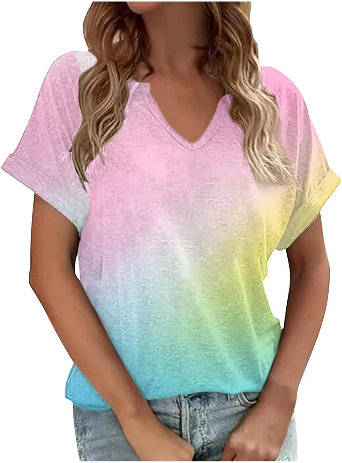 Women's Summer Casual Short Sleeve Loose Tops Blouse Tie Dye Gradient Printing Tees Shirt Trending T Shirts