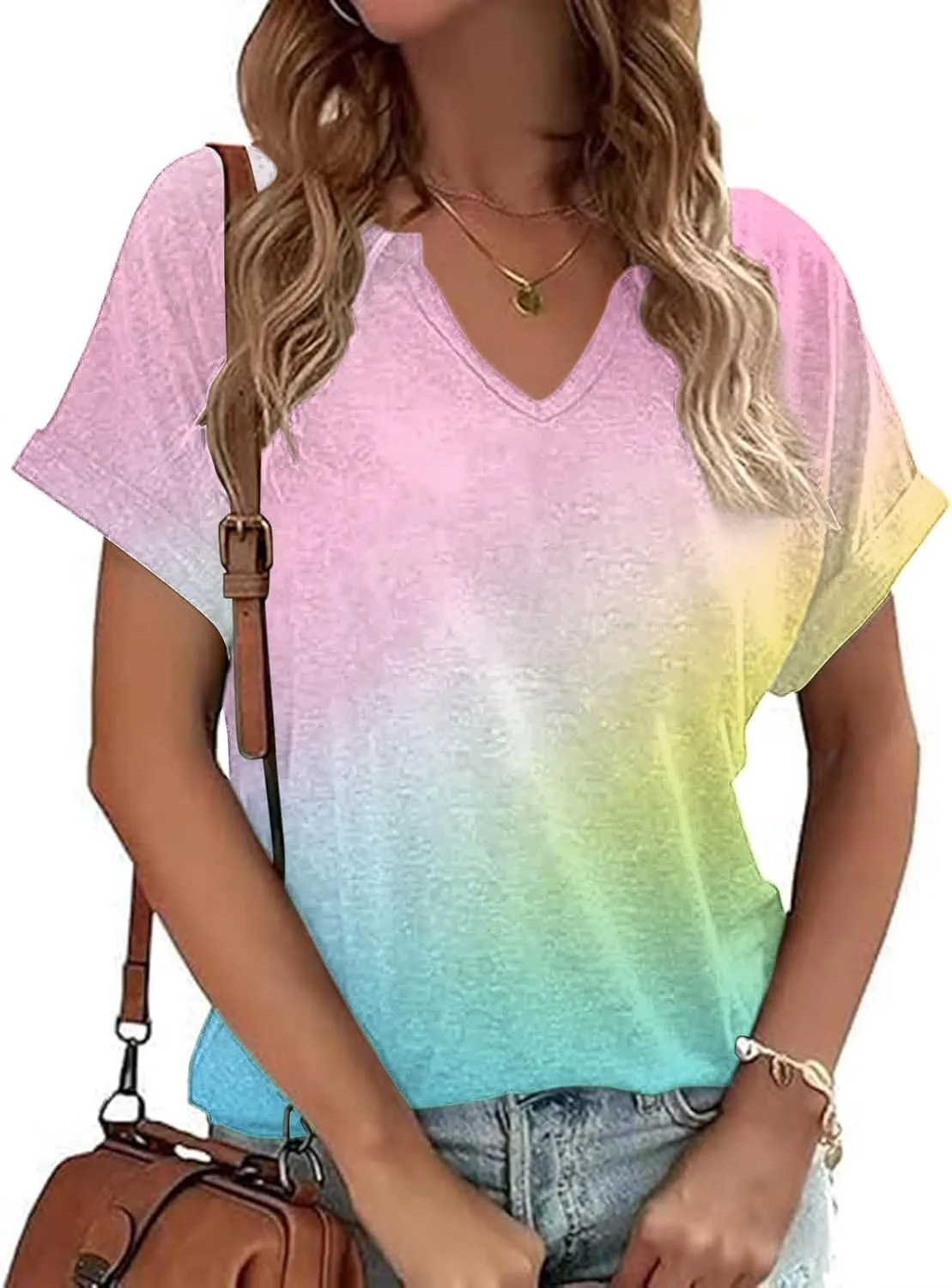 Women's Summer Casual Short Sleeve Loose Tops Blouse Tie Dye Gradient Printing Tees Shirt Trending T Shirts