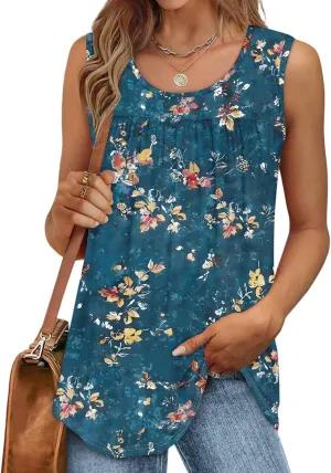 Women's Summer Chic Sleeveless Tops Round Neck Loose Fit Solid Color Ideal Casual Tank Floral Print Basic Camisoles