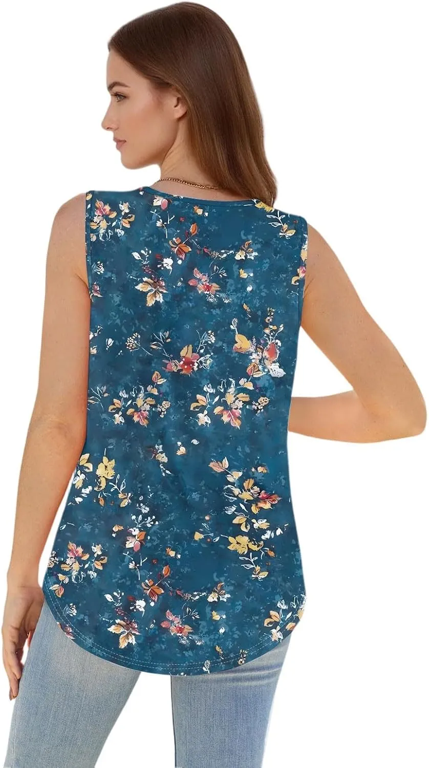 Women's Summer Chic Sleeveless Tops Round Neck Loose Fit Solid Color Ideal Casual Tank Floral Print Basic Camisoles