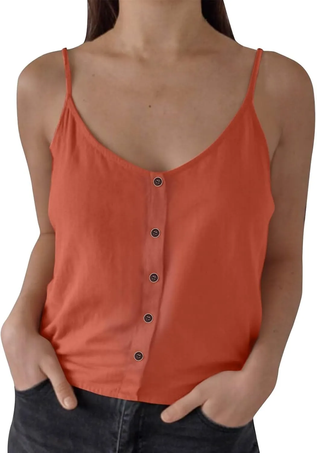 Womens Summer Cotton Linen Spaghetti Strap Tank Top V Neck Sleeveless Camisole Casual Loose Button Shirts Crop Tops