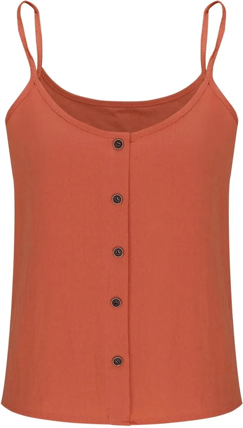Womens Summer Cotton Linen Spaghetti Strap Tank Top V Neck Sleeveless Camisole Casual Loose Button Shirts Crop Tops