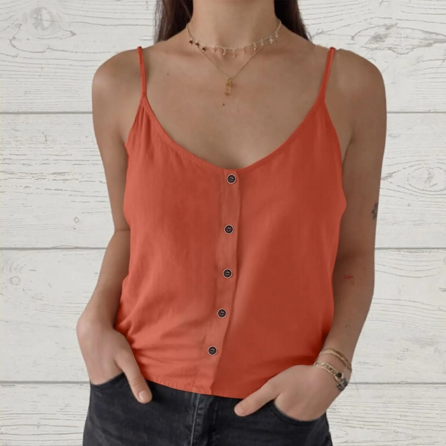 Womens Summer Cotton Linen Spaghetti Strap Tank Top V Neck Sleeveless Camisole Casual Loose Button Shirts Crop Tops