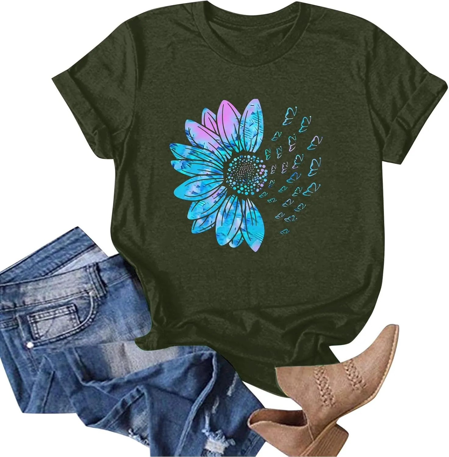 Womens Summer Short Sleeve Tops Vintage Floral Crew Neck Loose Fit Tees Casual Summer Basic Tunic Top Trendy 2025