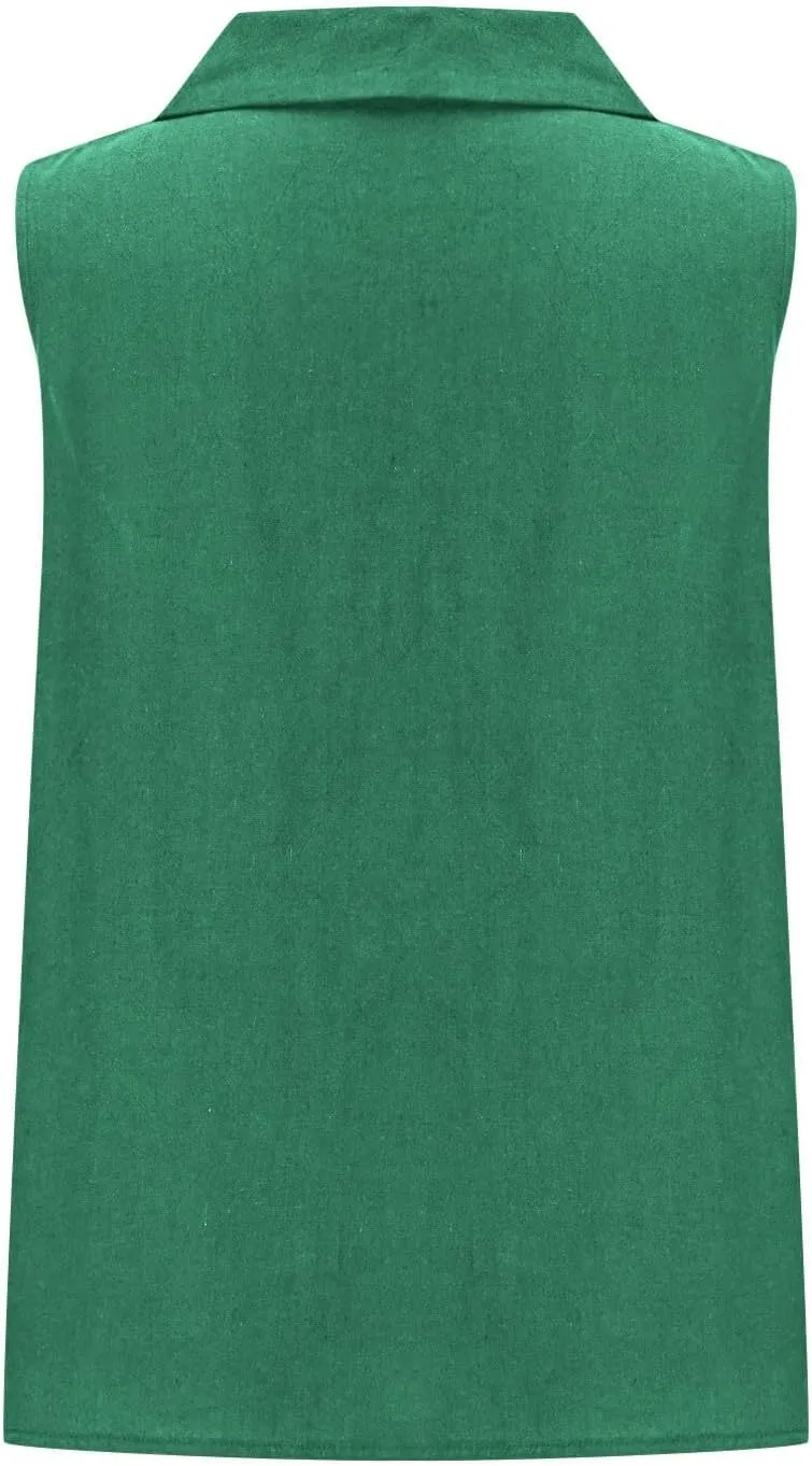 Women's Summer Sleeveless Linen Shirt Loose V Neck Collared Pullover Blouse Casual Shirts Basic Beach Tank Tops