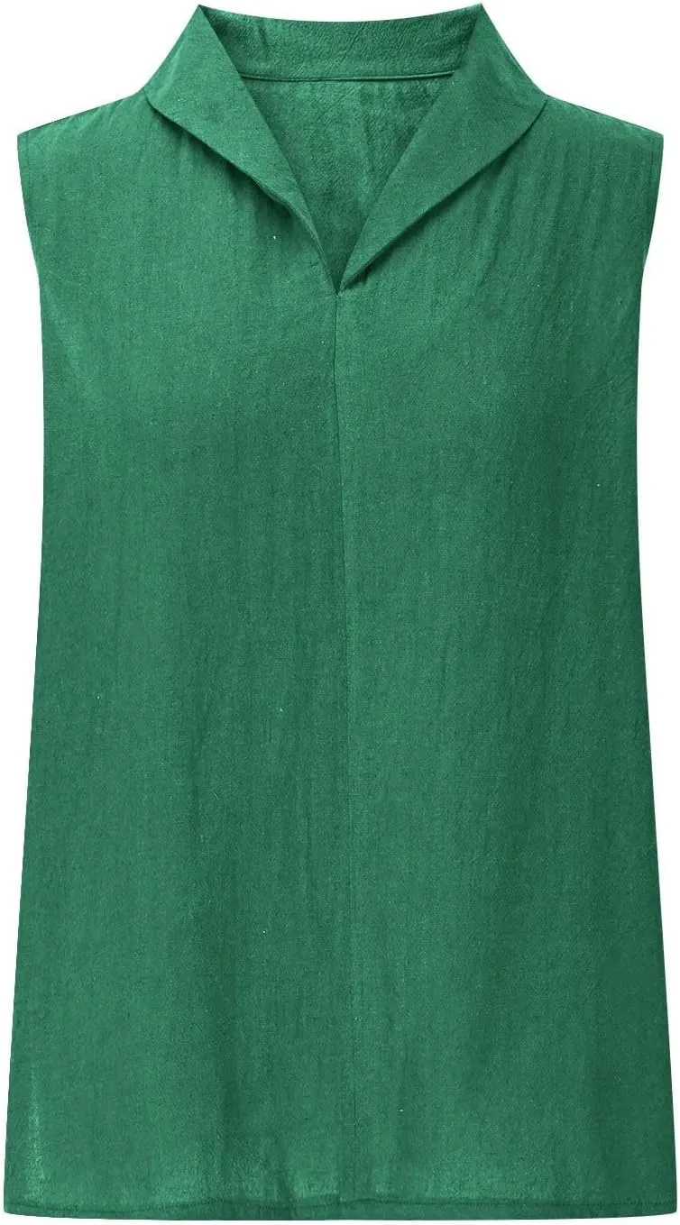 Women's Summer Sleeveless Linen Shirt Loose V Neck Collared Pullover Blouse Casual Shirts Basic Beach Tank Tops
