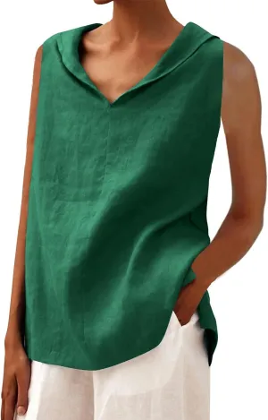 Women's Summer Sleeveless Linen Shirt Loose V Neck Collared Pullover Blouse Casual Shirts Basic Beach Tank Tops