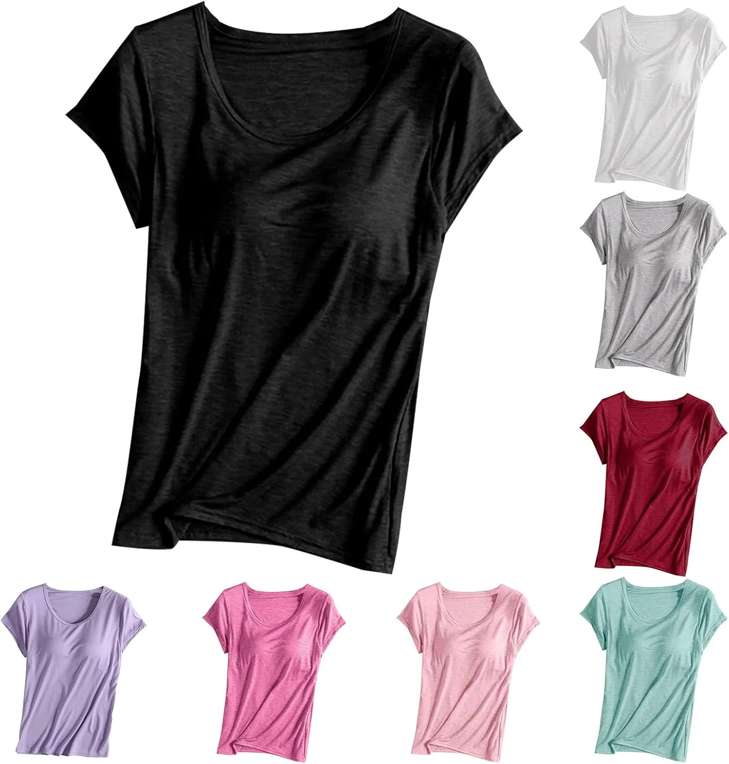 Womens Summer T Shirts with Built in Bra Padded Bras Short Sleeves Tunic Tops Crewneck Comfy Athletic Shirt