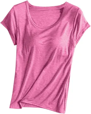 Womens Summer T Shirts with Built in Bra Padded Bras Short Sleeves Tunic Tops Crewneck Comfy Athletic Shirt