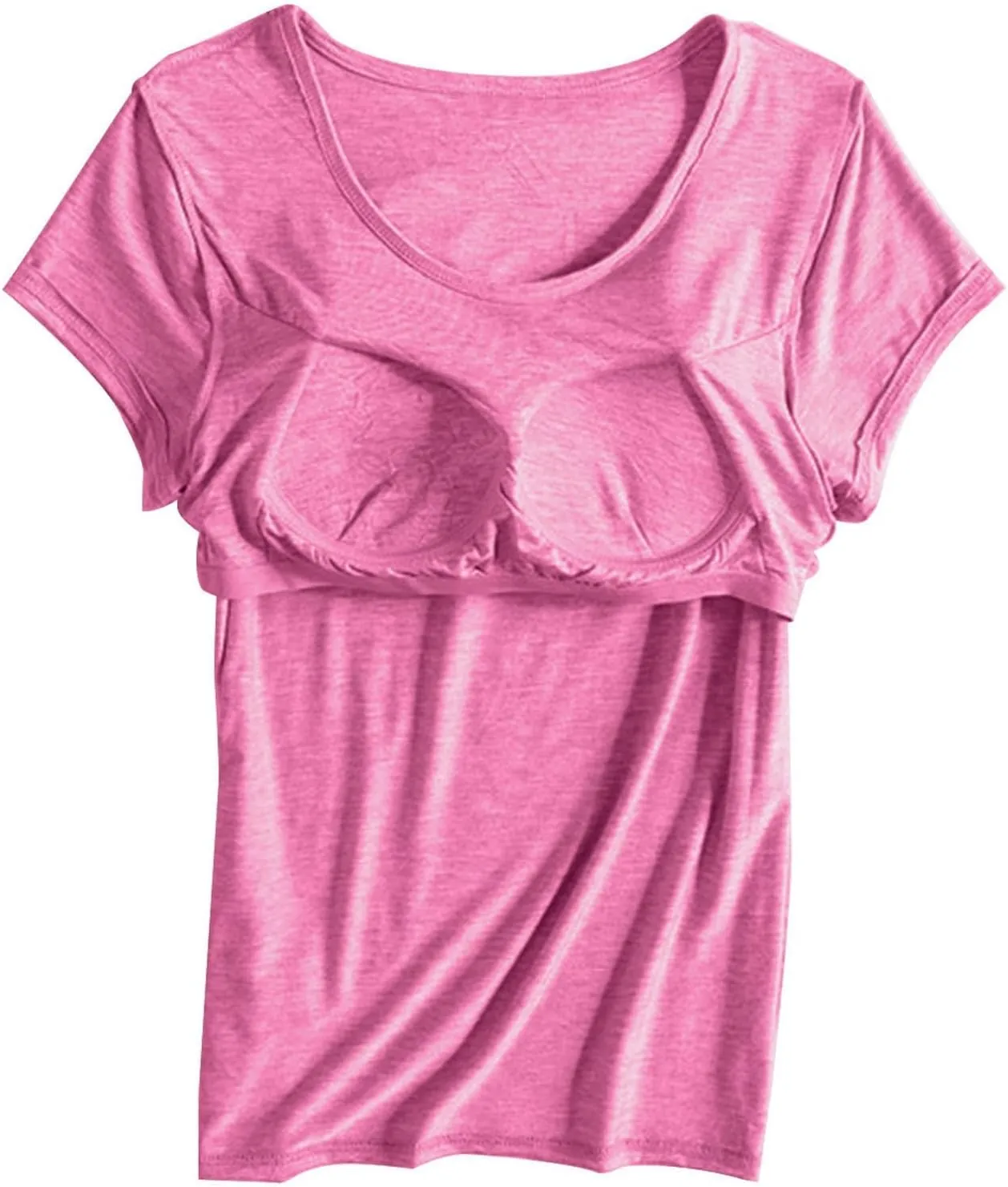 Womens Summer T Shirts with Built in Bra Padded Bras Short Sleeves Tunic Tops Crewneck Comfy Athletic Shirt
