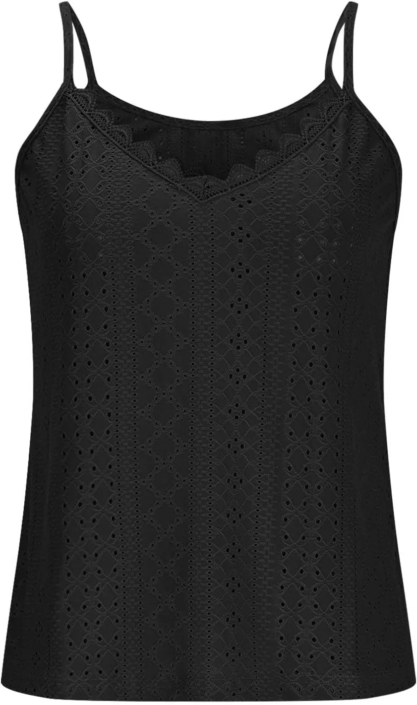 Womens Tank Tops Loose Fit V Neck Casual Lightweight Summer Tops Summer Beach Vacation Shirts Trendy Eyelet Lace Tee