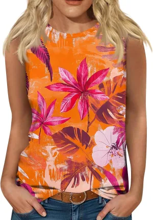 Womens Tank Tops Round Neck Printed Shirts 2025 Summer Casual Loose Fit Sleeveless Cute Basic Tanks Tee for Women