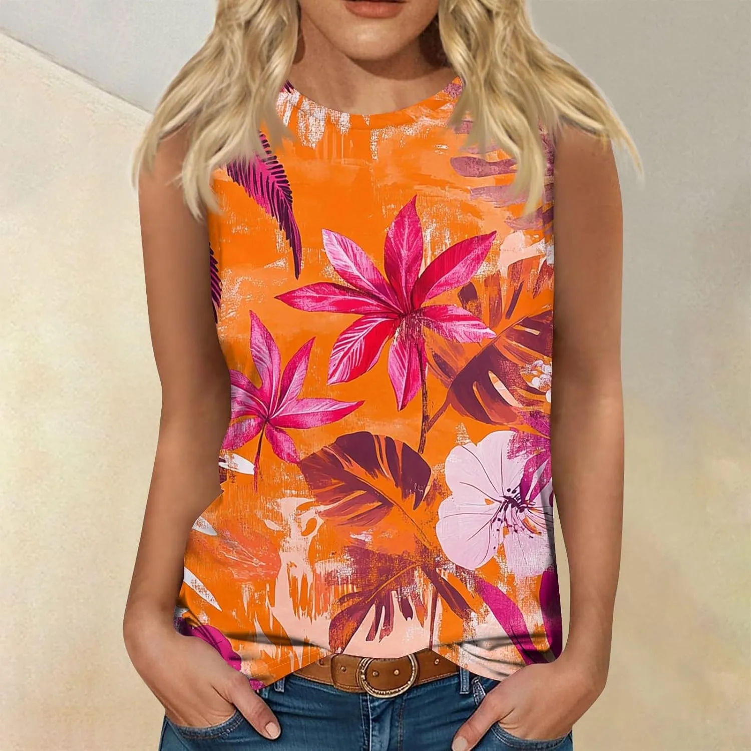 Womens Tank Tops Round Neck Printed Shirts 2025 Summer Casual Loose Fit Sleeveless Cute Basic Tanks Tee for Women
