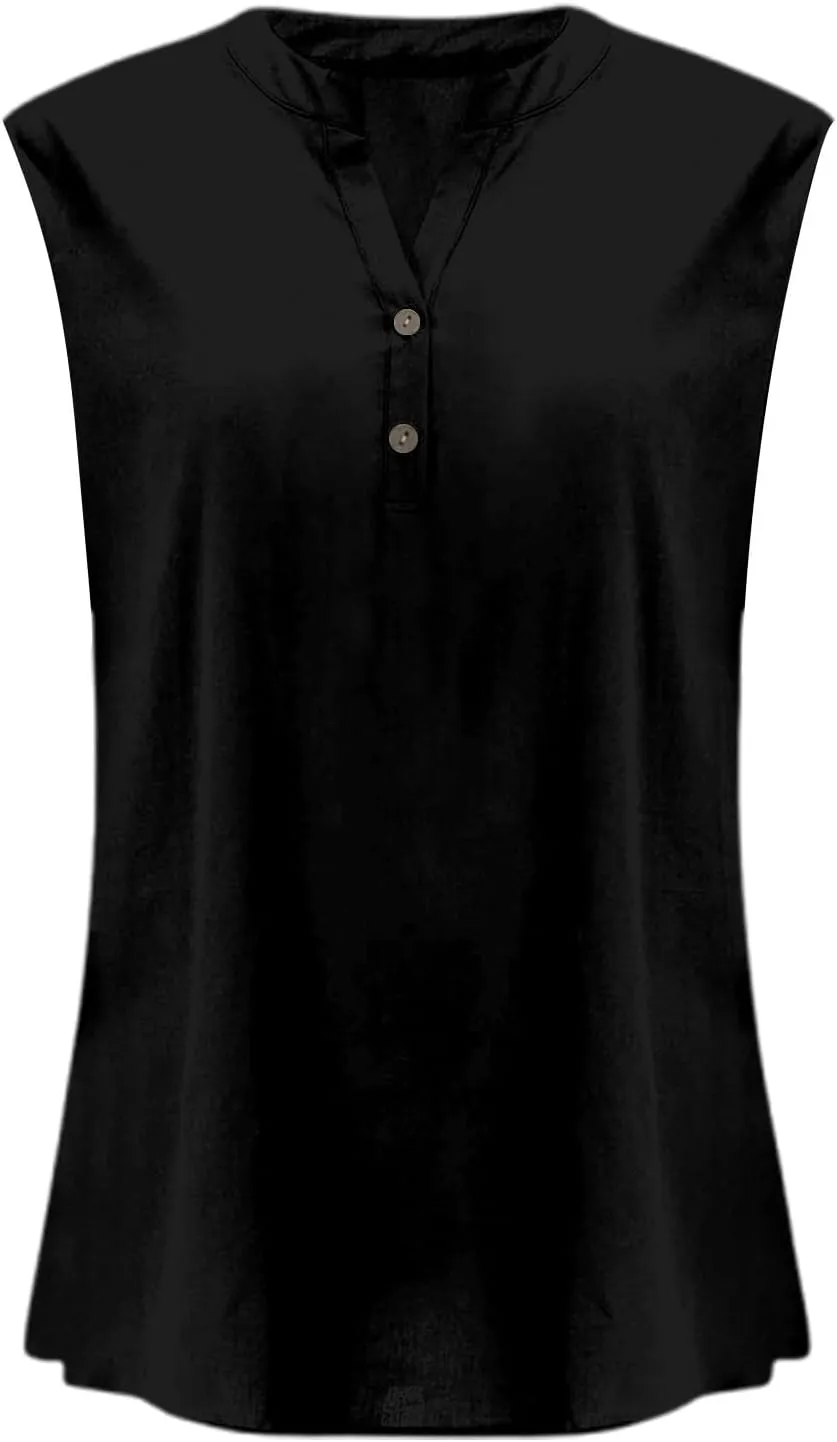 Women's Trendy Button-Down Linen Tunic Tank Tops Cotton Blend Casual Loose V-Neck Camisole for Yoga/Resort Wear