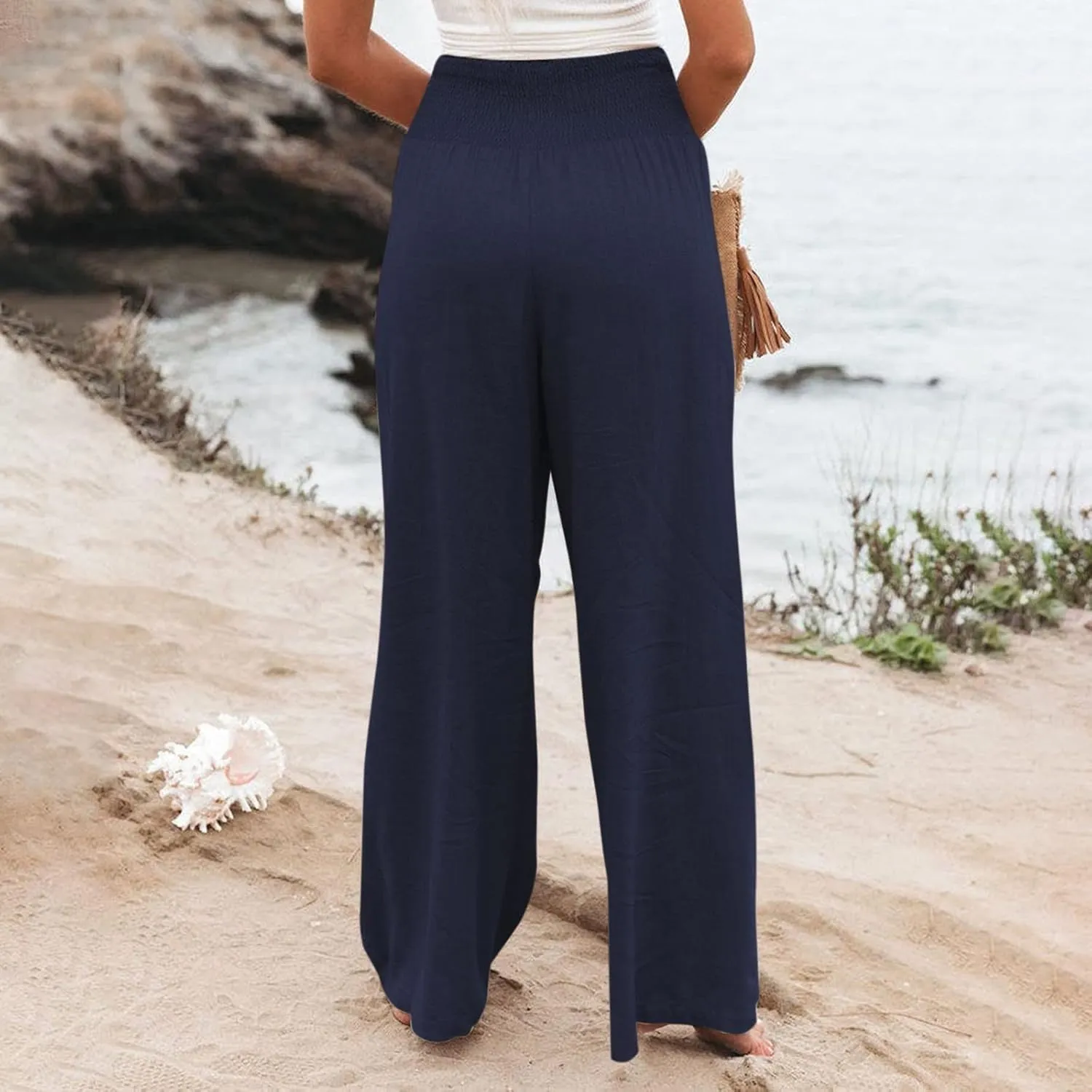 Womens Wide Leg Pants Linen Palazzo Pants Summer Boho Lounge Pant 2025 High Waist Beach Pants with Pocket