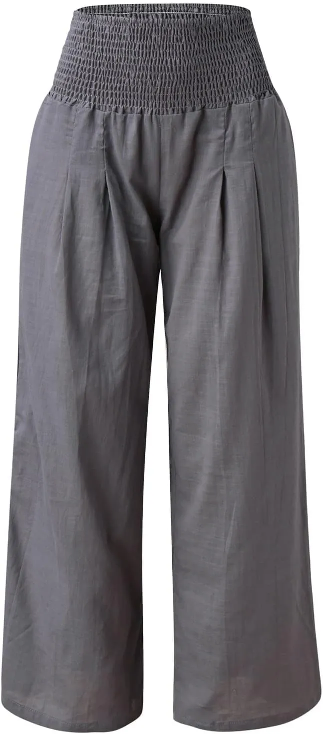 Womens Wide Leg Pants Linen Palazzo Pants Summer Boho Lounge Pant 2025 High Waist Beach Pants with Pocket