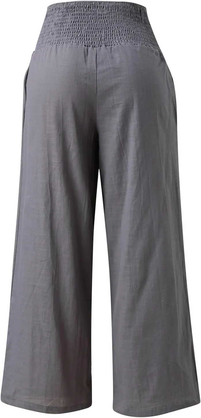 Womens Wide Leg Pants Linen Palazzo Pants Summer Boho Lounge Pant 2025 High Waist Beach Pants with Pocket