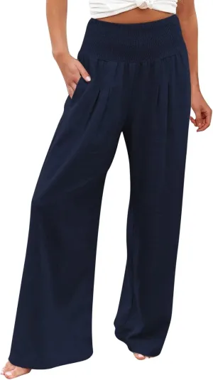 Womens Wide Leg Pants Linen Palazzo Pants Summer Boho Lounge Pant 2025 High Waist Beach Pants with Pocket