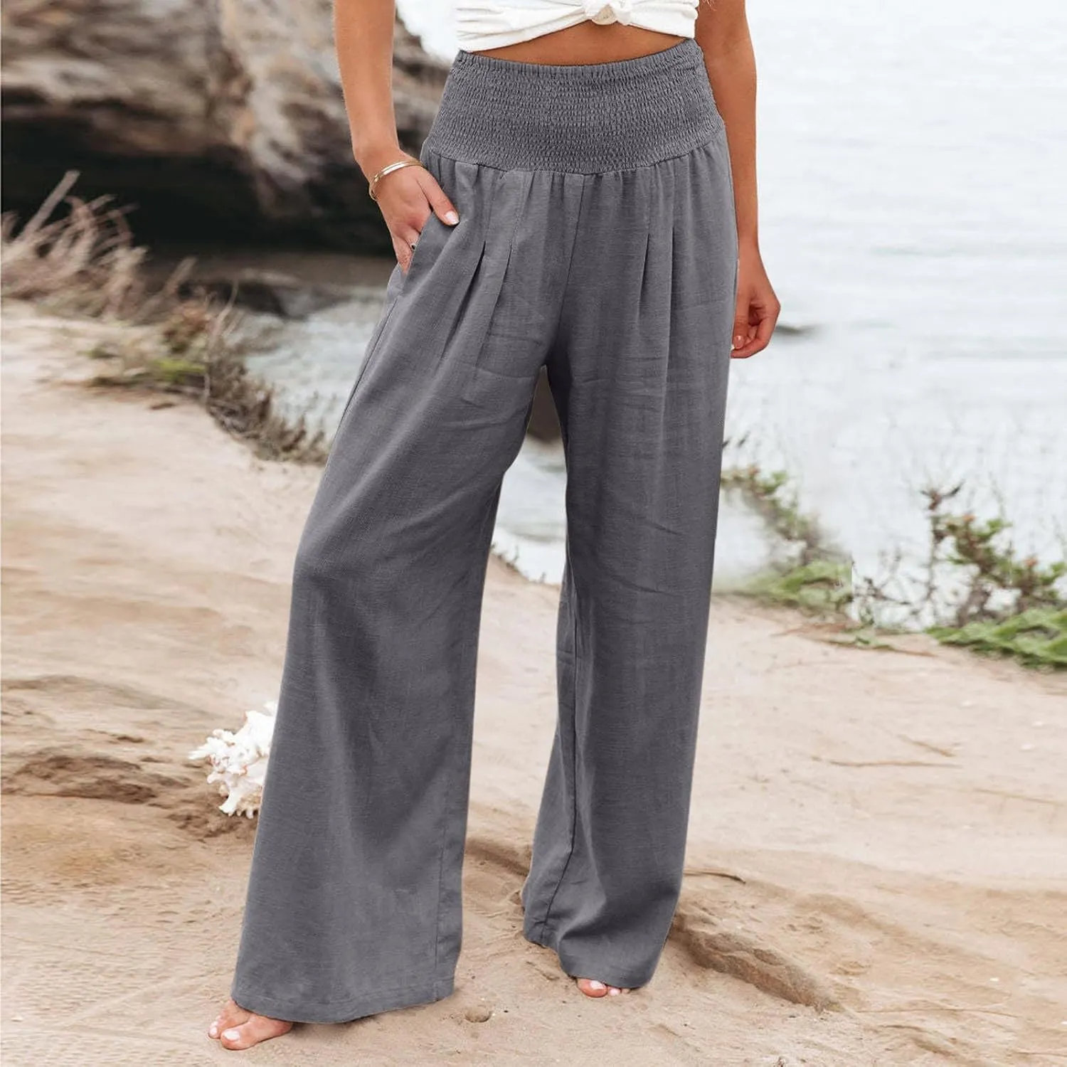 Womens Wide Leg Pants Linen Palazzo Pants Summer Boho Lounge Pant 2025 High Waist Beach Pants with Pocket