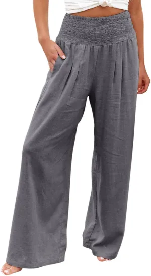 Womens Wide Leg Pants Linen Palazzo Pants Summer Boho Lounge Pant 2025 High Waist Beach Pants with Pocket