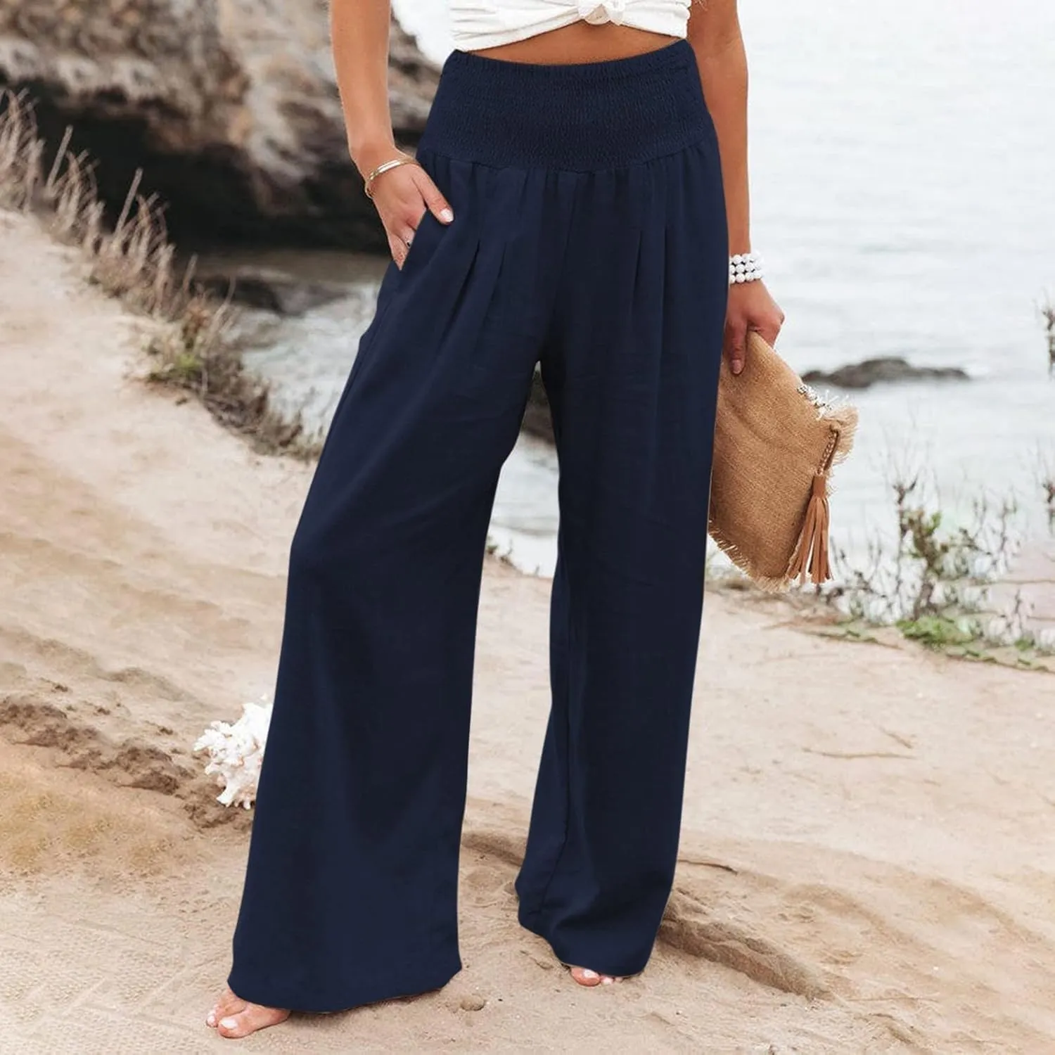 Womens Wide Leg Pants Linen Palazzo Pants Summer Boho Lounge Pant 2025 High Waist Beach Pants with Pocket