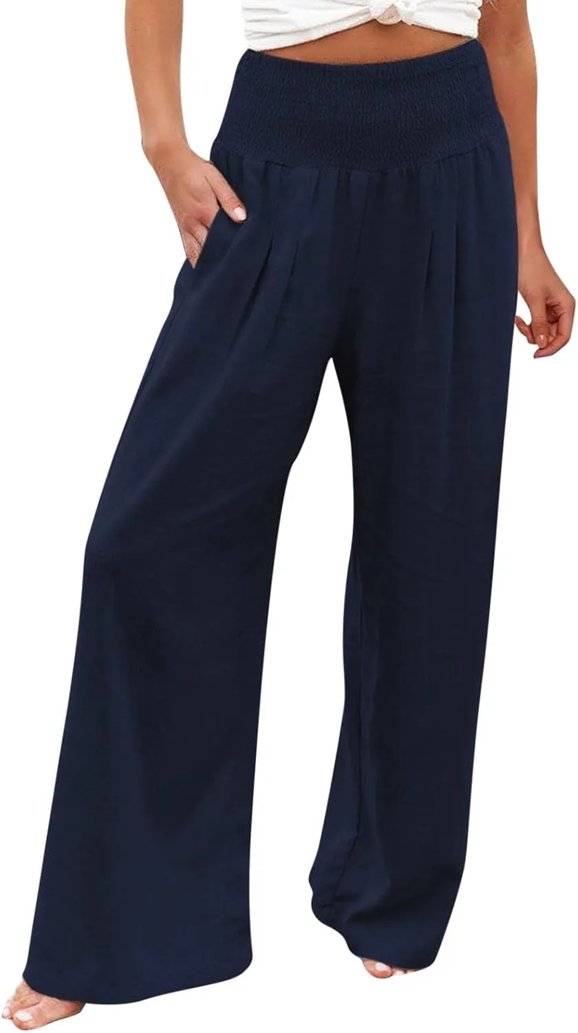 Womens Wide Leg Pants Linen Palazzo Pants Summer Boho Lounge Pant 2025 High Waist Beach Pants with Pocket