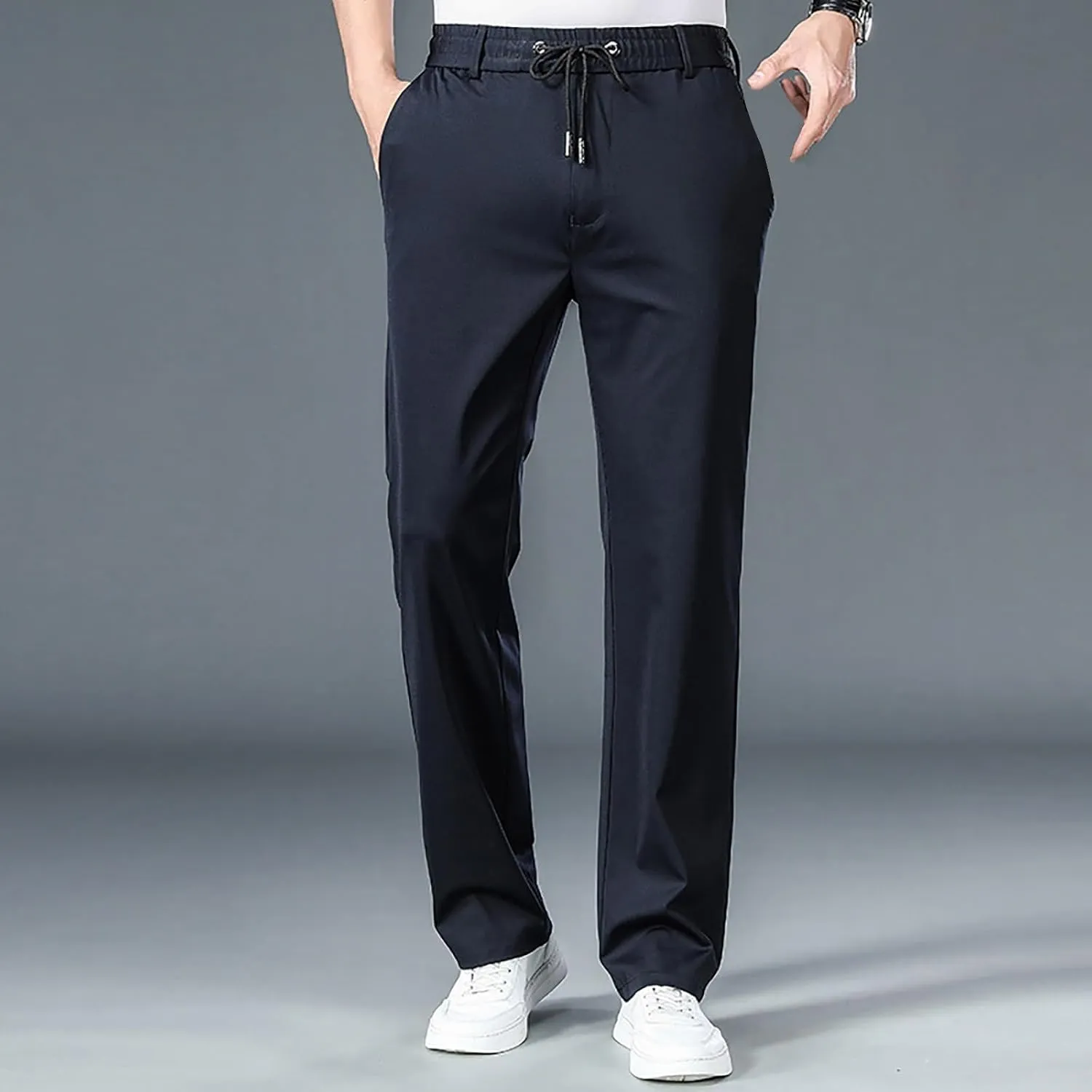 Work Pants for Men Classic Fit Flat Front Pants Lightweight Elastic Waist Golf Trousers with Pockets 2024