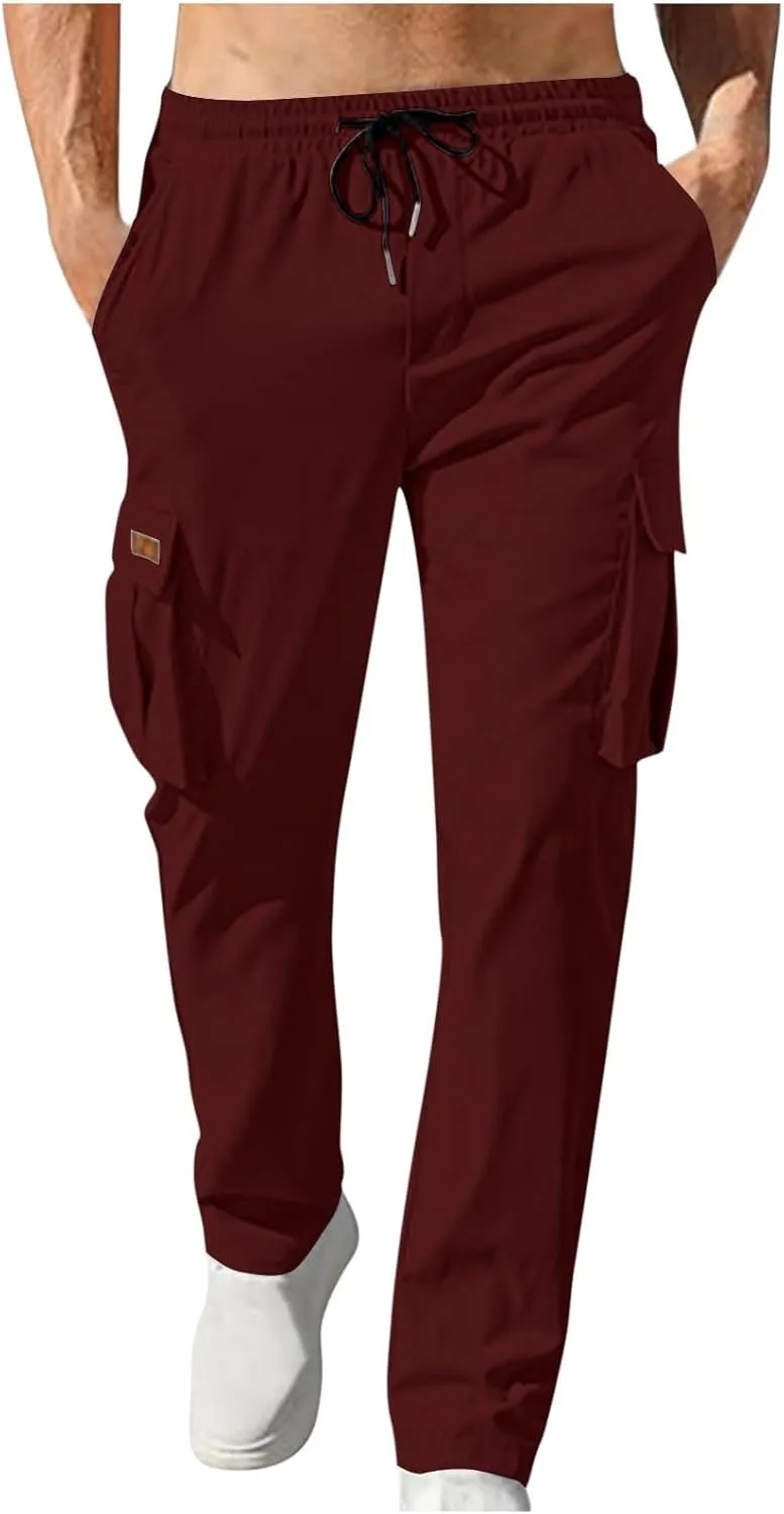 Workout Pants Men Solid Color Elastic Waist Sports Trousers Casual Straight Golf Outdoor Cargo Pants with Pockets