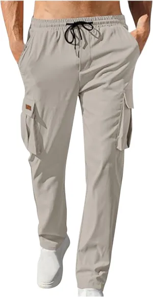 Workout Pants Men Solid Color Elastic Waist Sports Trousers Casual Straight Golf Outdoor Cargo Pants with Pockets