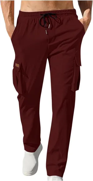 Workout Pants Men Solid Color Elastic Waist Sports Trousers Casual Straight Golf Outdoor Cargo Pants with Pockets