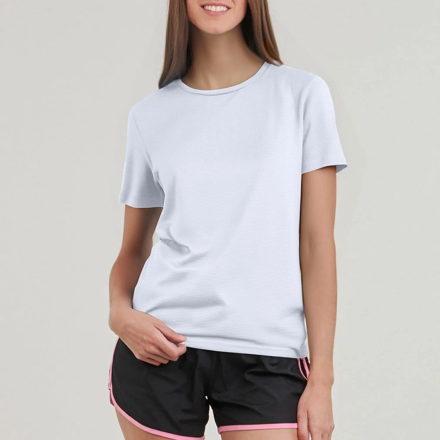 Workout Shirts Women Short Sleeve Crew Neck Plain T Shirts Casual Summer Textured Waffle Knit Tops Hiking Shirts