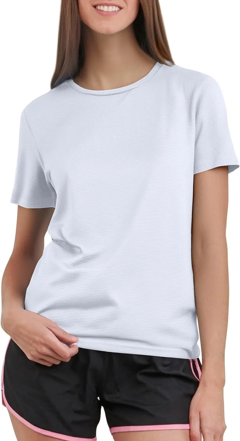 Workout Shirts Women Short Sleeve Crew Neck Plain T Shirts Casual Summer Textured Waffle Knit Tops Hiking Shirts