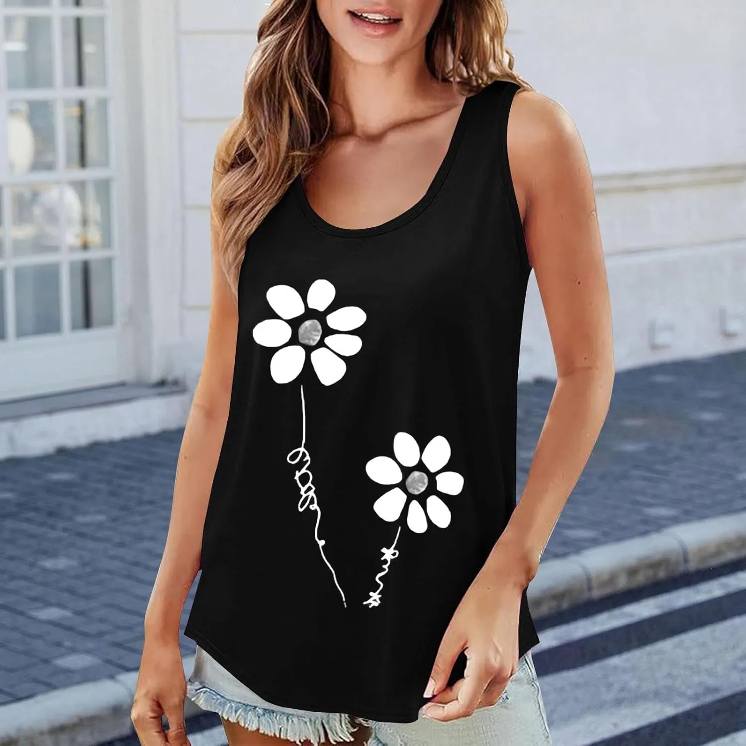 Workout Tops for Women Neck Short Sleeved 2D Printed Casual Loose and Versatile Vest Basic Racerback Slim Tops 2025