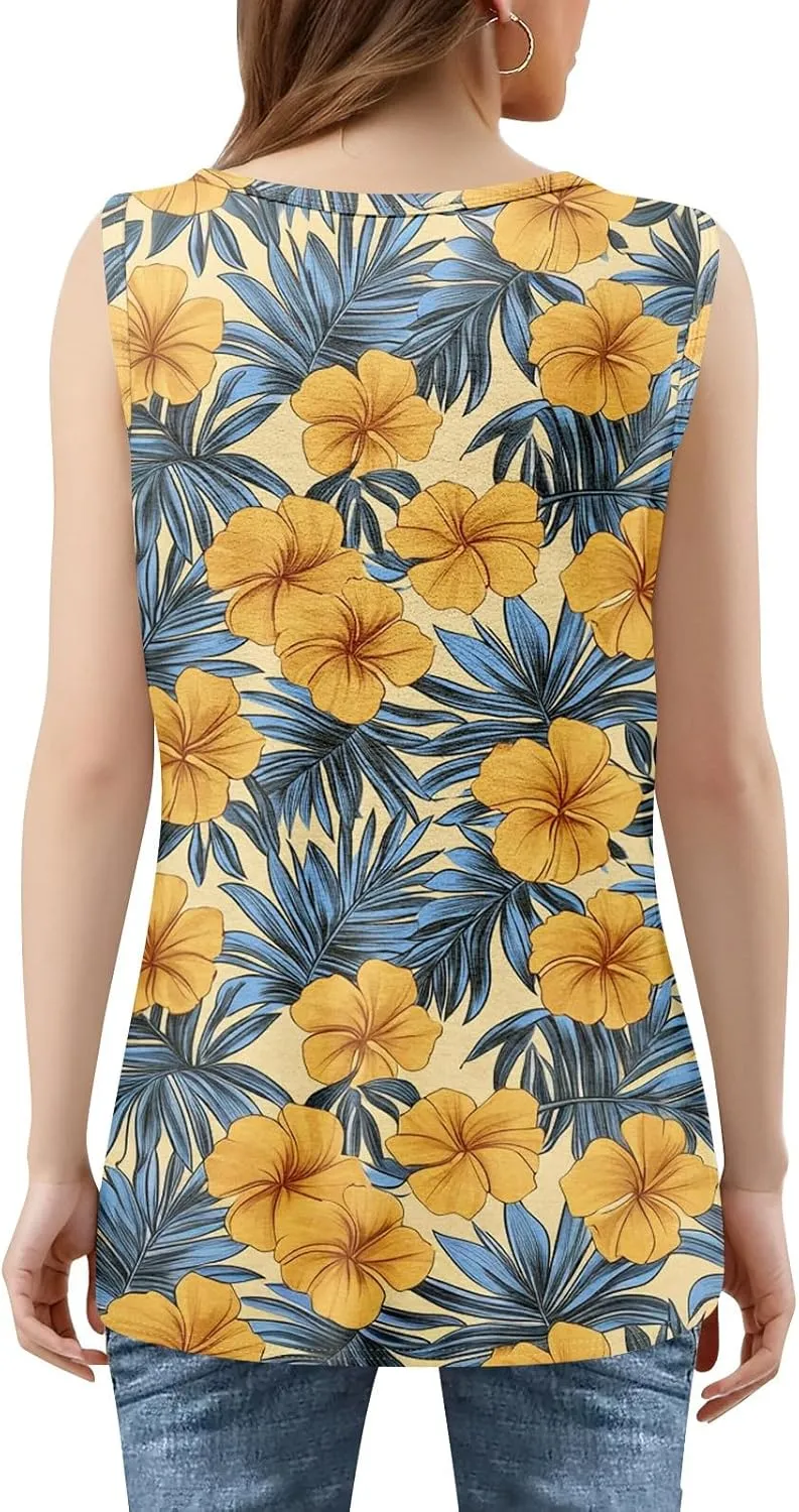 XIAXOGOOL Tank Tops for Women Summer Outfits 2025 Square Neck Casual Shirts Blouses Floral Print Pleated Sleeveless Tunic Top