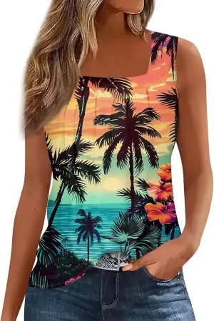 XIAXOGOOL Tank Tops for Women Summer Outfits 2025 Square Neck Casual Shirts Blouses Floral Print Pleated Sleeveless Tunic Top