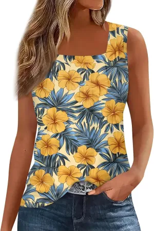 XIAXOGOOL Tank Tops for Women Summer Outfits 2025 Square Neck Casual Shirts Blouses Floral Print Pleated Sleeveless Tunic Top