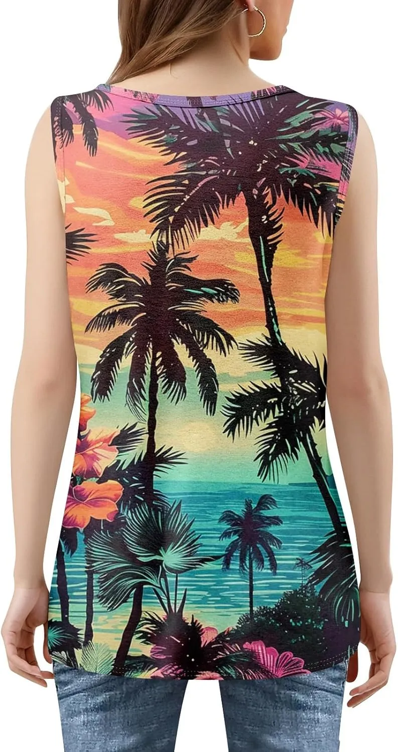 XIAXOGOOL Tank Tops for Women Summer Outfits 2025 Square Neck Casual Shirts Blouses Floral Print Pleated Sleeveless Tunic Top