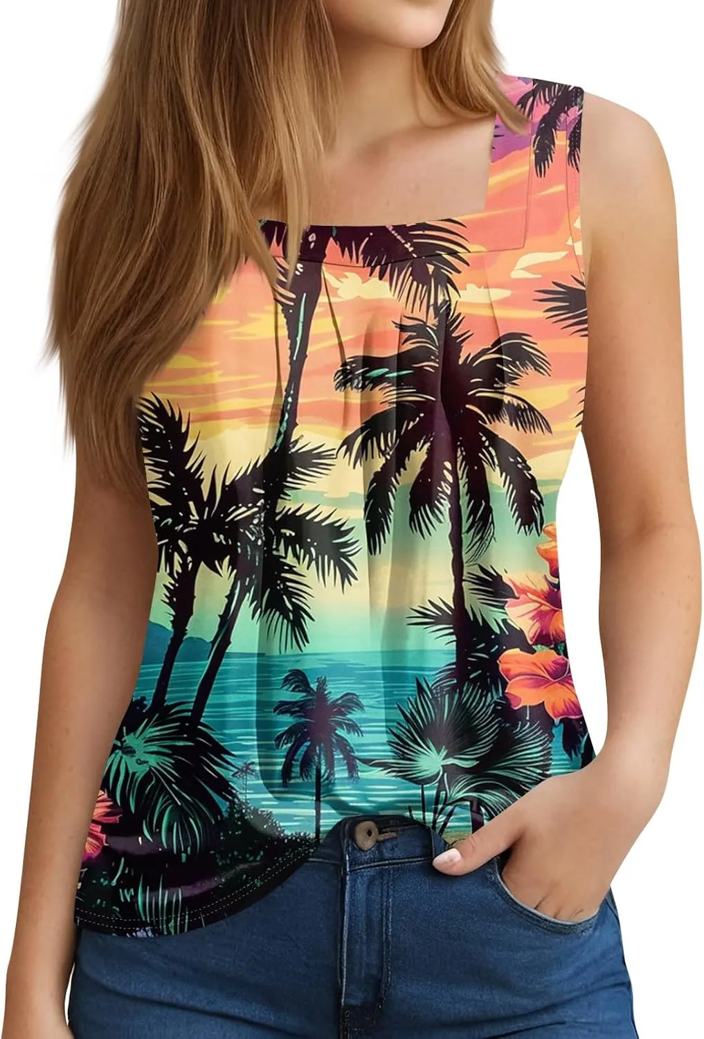 XIAXOGOOL Tank Tops for Women Summer Outfits 2025 Square Neck Casual Shirts Blouses Floral Print Pleated Sleeveless Tunic Top