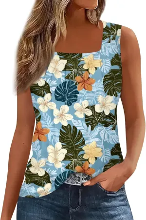 XIAXOGOOL Tank Tops for Women Summer Outfits 2025 Square Neck Casual Shirts Blouses Floral Print Pleated Sleeveless Tunic Top