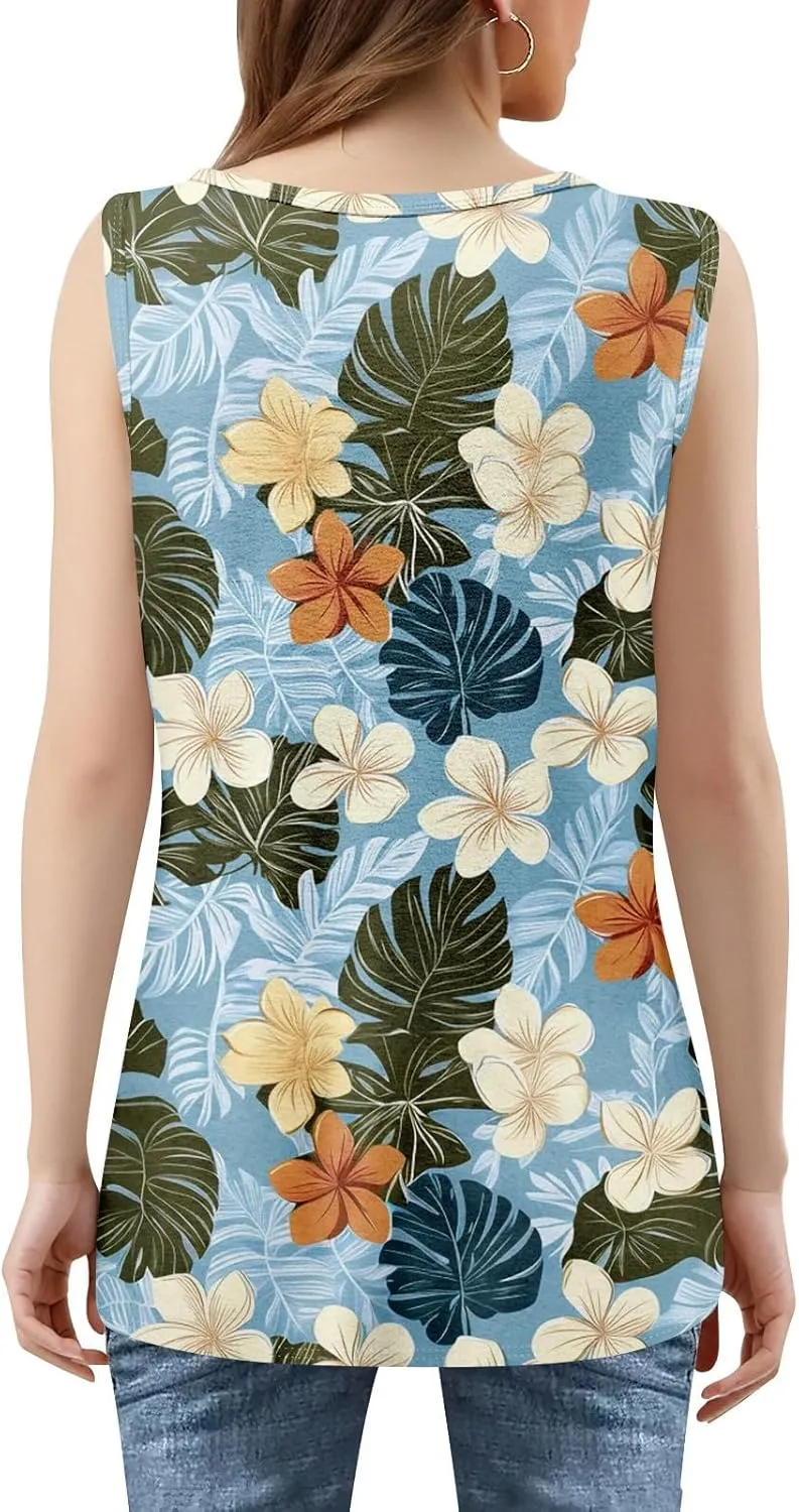 XIAXOGOOL Tank Tops for Women Summer Outfits 2025 Square Neck Casual Shirts Blouses Floral Print Pleated Sleeveless Tunic Top