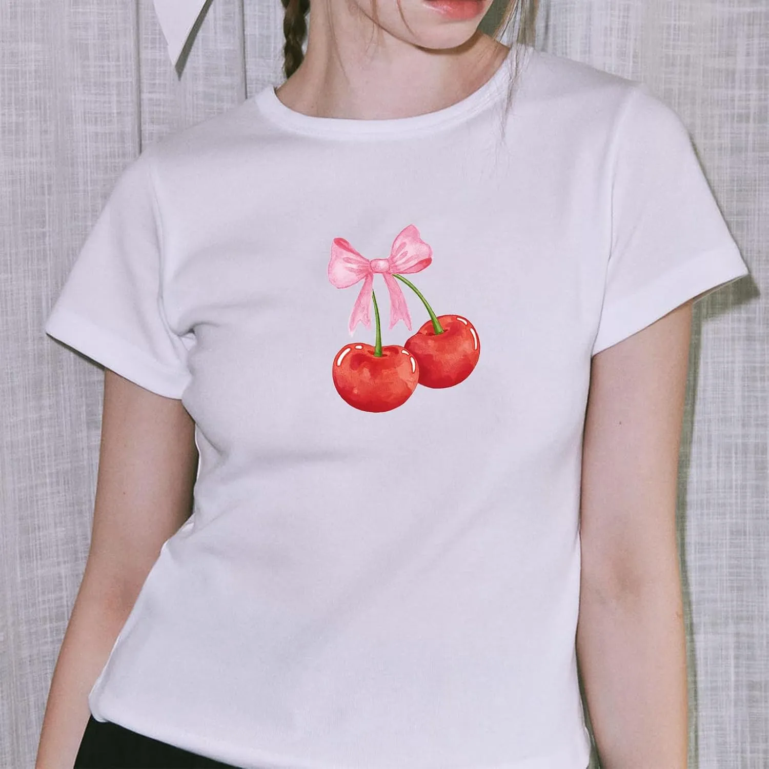 Y2k Graphic Baby Tees for Women Fruit Bow Shirt Crop Top Vintage Aesthetic Teen Girl Clothes 90s Summer Clothing