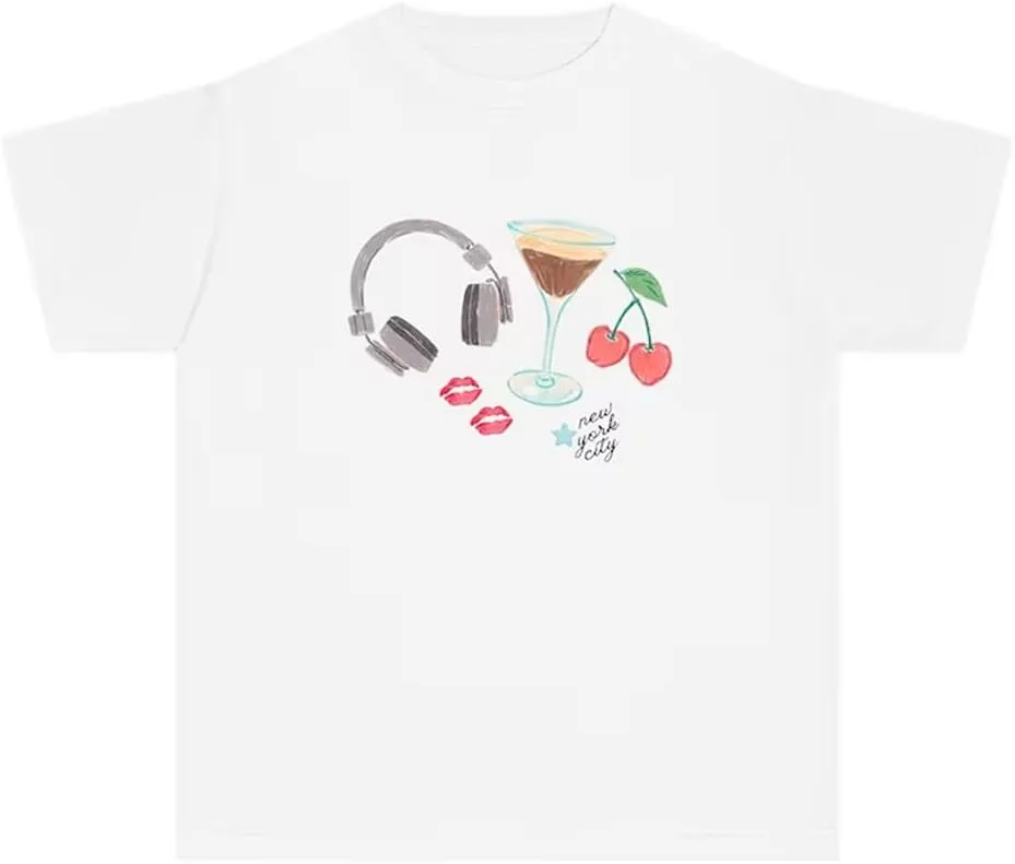 Y2k Graphic Baby Tees for Women Fruit Bow Shirt Crop Top Vintage Aesthetic Teen Girl Clothes 90s Summer Clothing