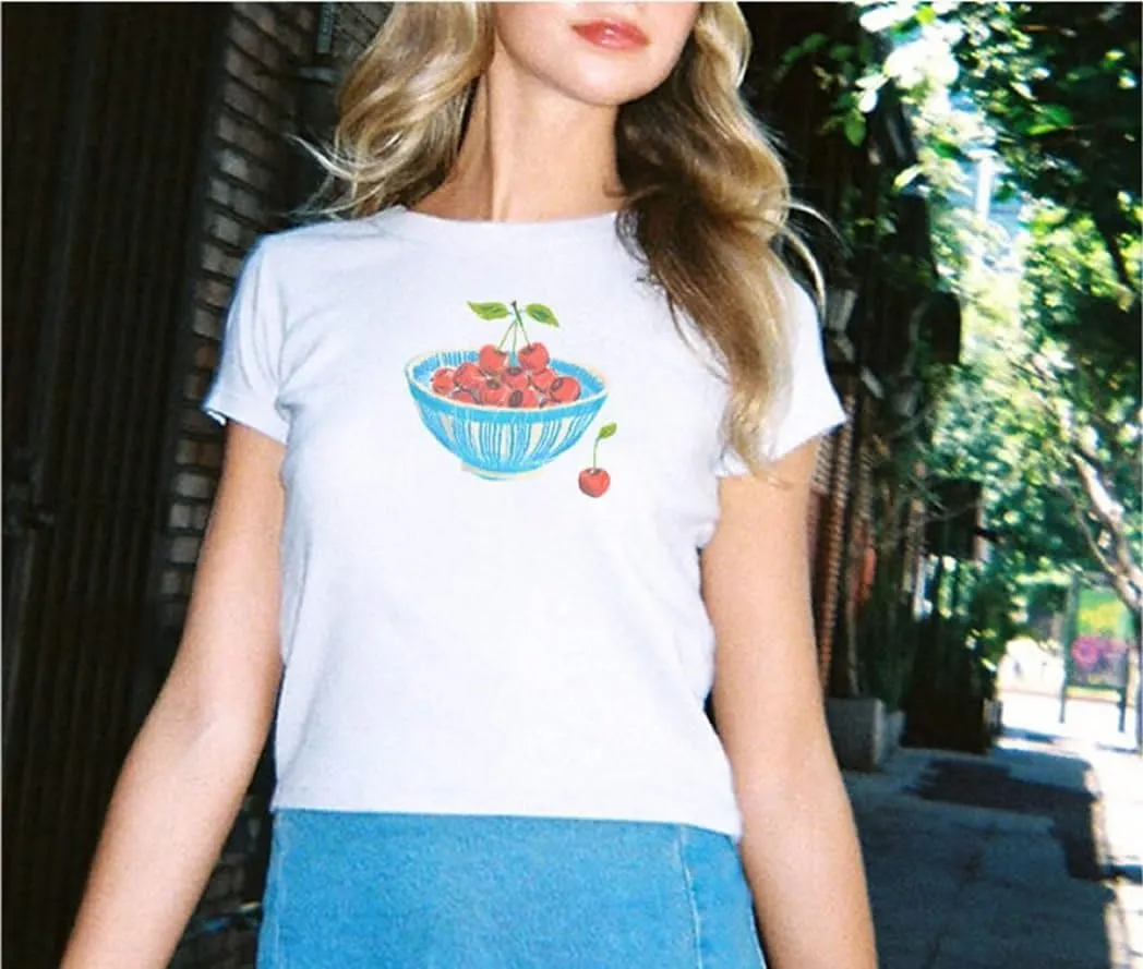 Y2k Graphic Baby Tees for Women Fruit Bow Shirt Crop Top Vintage Aesthetic Teen Girl Clothes 90s Summer Clothing