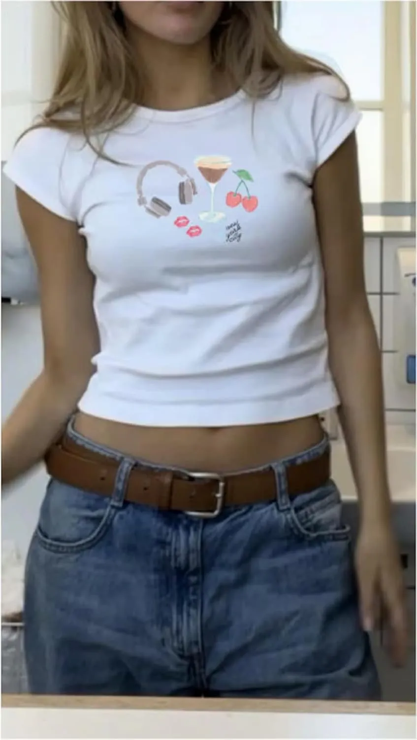 Y2k Graphic Baby Tees for Women Fruit Bow Shirt Crop Top Vintage Aesthetic Teen Girl Clothes 90s Summer Clothing