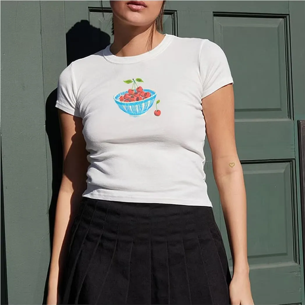 Y2k Graphic Baby Tees for Women Fruit Bow Shirt Crop Top Vintage Aesthetic Teen Girl Clothes 90s Summer Clothing