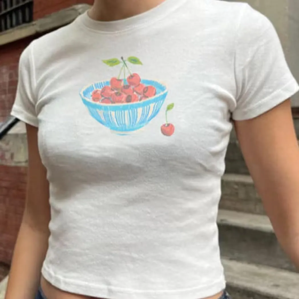 Y2k Graphic Baby Tees for Women Fruit Bow Shirt Crop Top Vintage Aesthetic Teen Girl Clothes 90s Summer Clothing