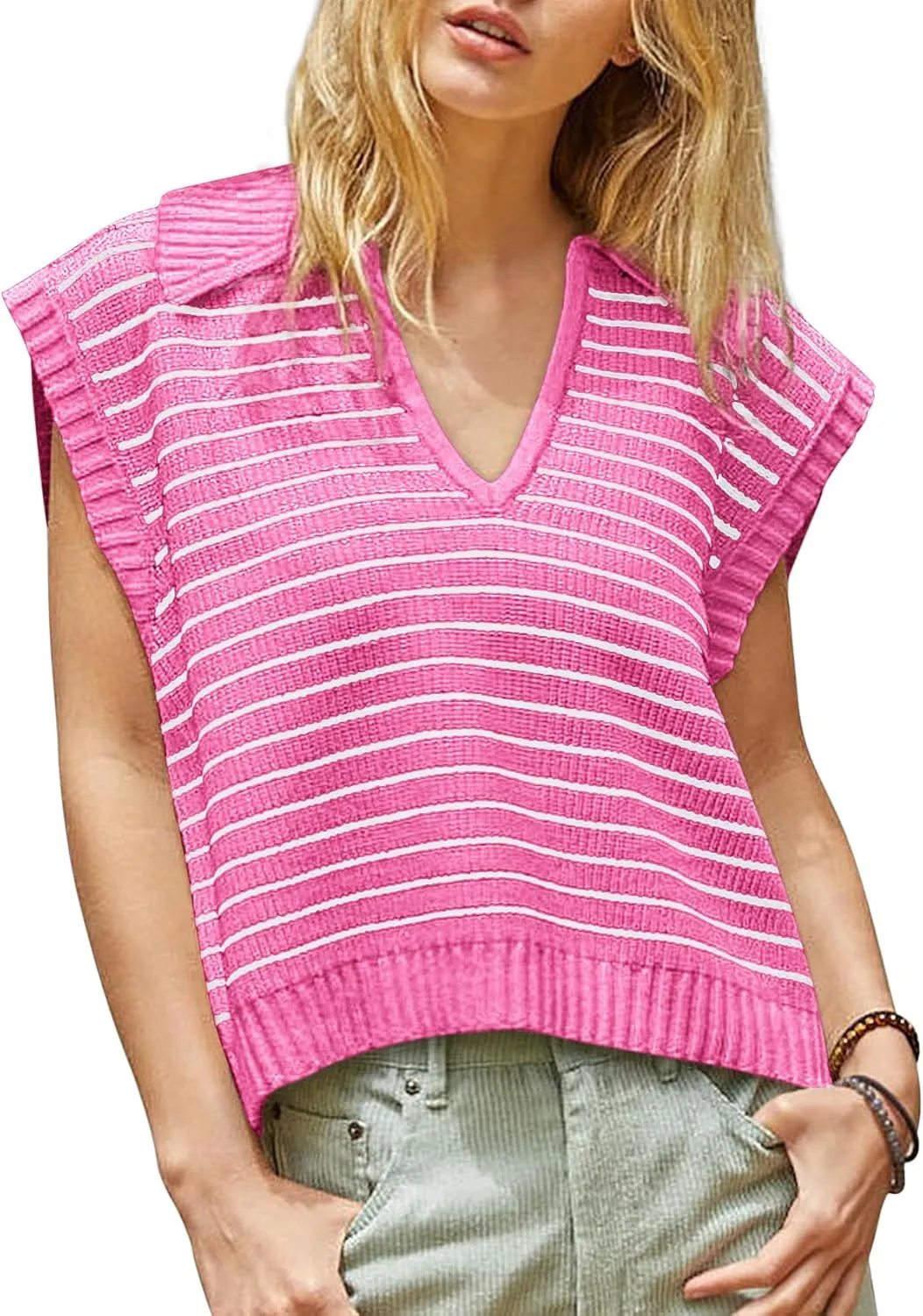 Yousify Summer Sweaters for Women 2025 V Neck Cap Sleeve Tops Sleeveless Spring Clothes Sweater Vest S-2XL
