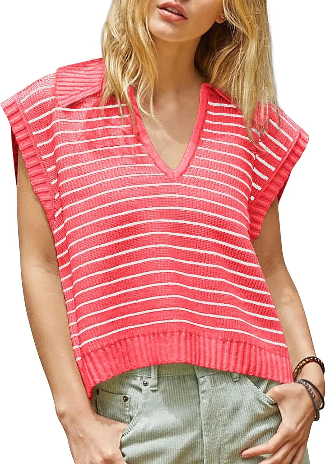 Yousify Summer Sweaters for Women 2025 V Neck Cap Sleeve Tops Sleeveless Spring Clothes Sweater Vest S-2XL